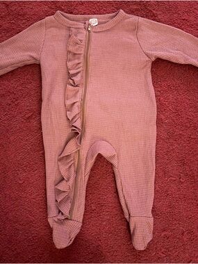 Ruffle Front and Back Footed One-Piece in Dusty Rose